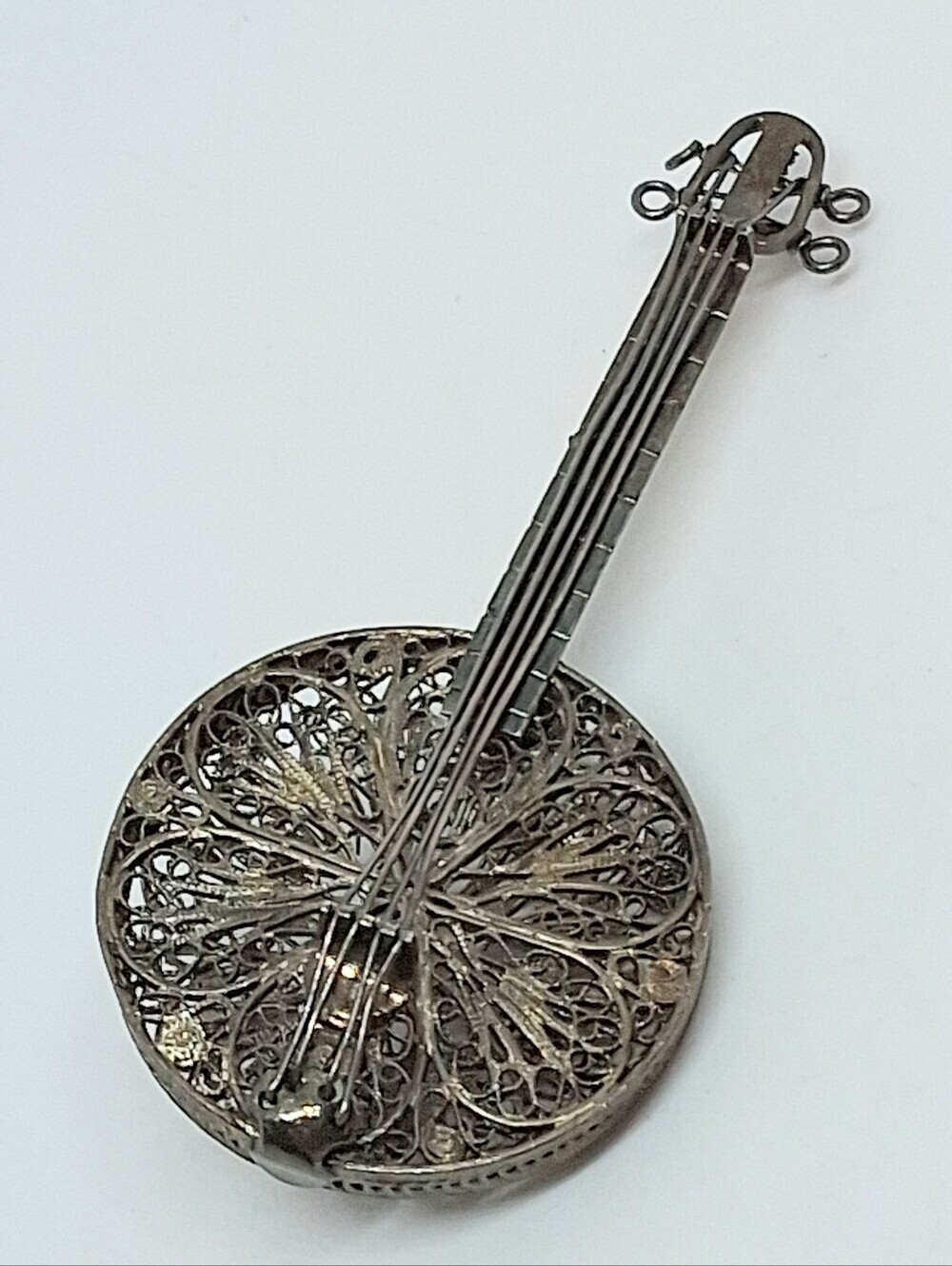 * Vintage Antique Sterling Silver 925 Filagree Banjo Guitar Pin Brooch
